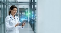 Female doctor using digital tablet with holographic medical icons in modern hospital corridor for healthcare technology applications.