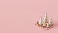 Metallic cone trees with gold ornaments on pink background, isolated for holiday design, greeting cards, and festive decorations.