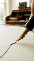 Close-up of elegant fountain pen with gold nib writing on textured paper in warm study setting with wooden desk and books in background.