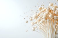 Delicate white mushrooms with thin stems arranged in bouquet against minimalist white background, creating elegant botanical composition.