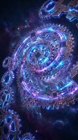 Futuristic mechanical gears with glowing neon lights floating in cosmic space with stars and nebula background for sci-fi technology concepts.