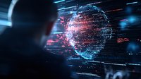 Digital holographic head made of glowing particles and code elements floating in dark space with blue and red light effects, representing artificial intelligence.
