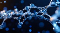 Glowing blue neural network visualization with interconnected nodes and synapses on dark background with bokeh effect creates futuristic scientific atmosphere.