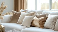 Elegant living room interior with beige and cream throw pillows on modern sofa, pampas grass decor creating cozy atmosphere for home staging and interior design.