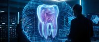 Futuristic dental hologram with glowing tooth anatomy displayed in high-tech laboratory environment for medical education and digital healthcare visualization.