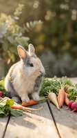 Adorable fluffy bunny rabbit sitting on wooden table with fresh organic vegetables carrots radishes and leafy greens in natural garden setting.