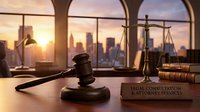Wooden gavel and scales of justice on a lawyer desk at sunset, with a sign reading Legal Consultation and Attorney Services.