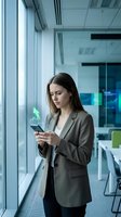 Young professional woman of mixed ethnicity wearing business casual attire analyzing financial data on smartphone in modern office corridor with glass partitions and natural light.