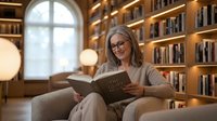 Mature woman with glasses reading book in cozy library with warm lighting and floor-to-ceiling bookshelves, perfect for education and lifestyle content.