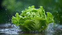 Fresh green lettuce with water splashes and droplets on dark background, macro photography capturing dynamic motion in kitchen setting for food industry.