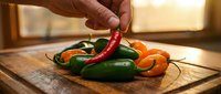 Hand selecting fresh red chili pepper from colorful mix of hot peppers on wooden cutting board in warm kitchen lighting for cooking preparation.