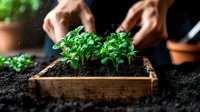 Growing fresh basil seedlings in wooden box with rich soil, hands tending to young herb plants against dark background. Garden and cooking concept.