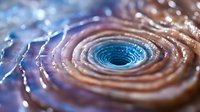 Mesmerizing spiral vortex in blue and brown tones with shimmering water ripples creating hypnotic circular patterns, macro photography showing liquid dynamics.