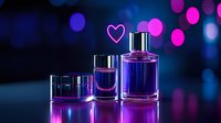Luxury perfume bottles with neon heart on dark background with pink and purple bokeh lights creating romantic atmosphere for cosmetic product photography.