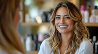Young woman with wavy blonde hair and bright smile in white top at salon, blurred beauty products in background.