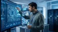 Professional male engineer analyzing digital circuit board schematics on interactive touchscreen display in modern technology laboratory workspace.