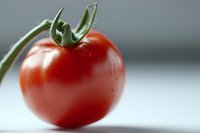 Fresh ripe red tomato with green stem and water droplets on smooth surface against blurred light background, macro food photography.