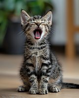Adorable tabby kitten yawning with eyes closed, showing playful and sleepy expression. Perfect for pet care websites, veterinary clinics, or social media content about cat behavior and wellness.