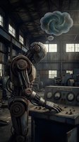 Steampunk robot with thought bubble in industrial workshop setting. Mechanical android contemplating in vintage factory with gears and machinery for creative projects.