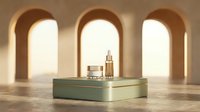 Luxury cosmetic products displayed on mint green podium with warm arched windows creating elegant shadows for premium skincare brand presentation.