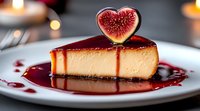 Creamy cheesecake slice with red berry sauce drizzle and heart-shaped fresh fig garnish on white plate, romantic dessert setting with soft bokeh lights.