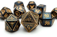 Black and gold polyhedral dice set with ornate decorative patterns featuring multiple sided gaming pieces on white background, isolated for design use.