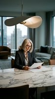 Senior businesswoman reading documents at marble table in modern office with city view and contemporary pendant lighting for corporate presentations.