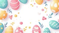 Colorful Easter eggs decorated with patterns and floral elements scattered on white background with delicate spring botanical motifs and dots in pastel colors.