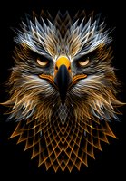 Fierce eagle head with intense yellow eyes and detailed geometric feather pattern in gold and silver tones against black background, artistic wildlife illustration.
