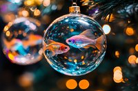 Surreal Christmas ornament with colorful fish swimming inside glass bauble against blurred holiday lights and pine branches, creating magical festive atmosphere.