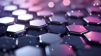 Glowing hexagonal shapes create futuristic technological pattern with pink and purple lighting effects, depth of field blur and reflective surface elements.