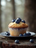 Fresh blueberry muffin with berries on top served on plate, homemade bakery dessert on rustic wooden table for breakfast or snack time.