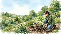 Young woman gardener planting seedlings in countryside garden with rolling hills landscape. Organic farming and sustainable agriculture concept.