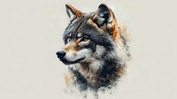 Wolf head portrait with artistic watercolor effect on neutral background for wildlife and nature design projects.
