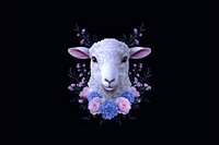 White lamb portrait with floral arrangement of pink roses, blue hydrangeas and purple wildflowers on black background, isolated design for creative projects.