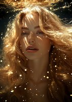 Young woman with flowing blonde hair underwater, illuminated by golden sunlight streaming through water, creating magical bokeh effect and ethereal atmosphere.
