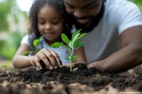African American father and daughter planting young seedling together in garden soil, teaching environmental awareness and sustainable living skills.