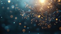 Frozen winter tree branch with ice crystals glowing in golden sunlight against dark blue background with magical bokeh lights and falling snow.