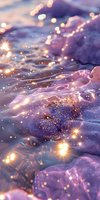 Magical water surface with golden sparkles and purple reflections creating dreamy atmosphere. Glowing bokeh lights dance on gentle ripples at sunset.