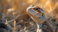 Close-up portrait of bearded dragon lizard head with detailed scales and spikes against natural blurred background, showing distinctive reptilian features and textures.