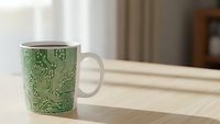 Green tropical leaf pattern ceramic coffee mug on wooden table in bright modern kitchen interior for morning beverage and home decor concepts.