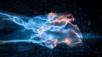Glowing digital runner silhouette made of particles and light trails sprinting through space with motion blur effect and energy streams in blue and orange colors.
