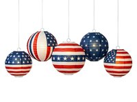Patriotic hanging paper lanterns with stars and stripes design, isolated on white background. Perfect for Fourth of July decorations, Independence Day celebrations, and festive party supplies.