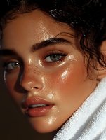 Close-up portrait of young Hispanic woman with dewy glowing skin, freckles, green eyes, and wet curly hair wearing white towel, showcasing natural summer beauty look.