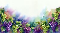 Watercolor grape vines with purple and green clusters creating decorative border frame on white background for wine labels and harvest designs.