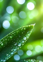 Fresh green leaf covered with morning dew drops against blurred bokeh background in sunlight, creating natural macro photography effect for nature and wellness designs.