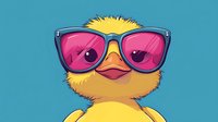 Cool yellow duckling wearing oversized pink sunglasses on turquoise background. Trendy cartoon bird character for children designs and summer themes.
