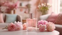 Elegant pink perfume bottle surrounded by delicate peonies and roses on white table in soft pastel living room setting.