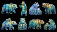 Watercolor bears in various poses and sizes, featuring blue, gold, and purple tones on transparent background. Ready for t-shirt designs, clipart, stickers, sublimation, and print-on-demand products.