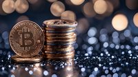 Stack of golden coins with cryptocurrency symbol on dark background with bokeh lights and glitter, modern financial concept for digital banking.